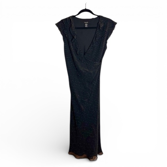 Y2K Express Wrap Dress Black & Multicolor Polka Dots Midi Ruffles Lined V-Neck - Picture 1 of 11